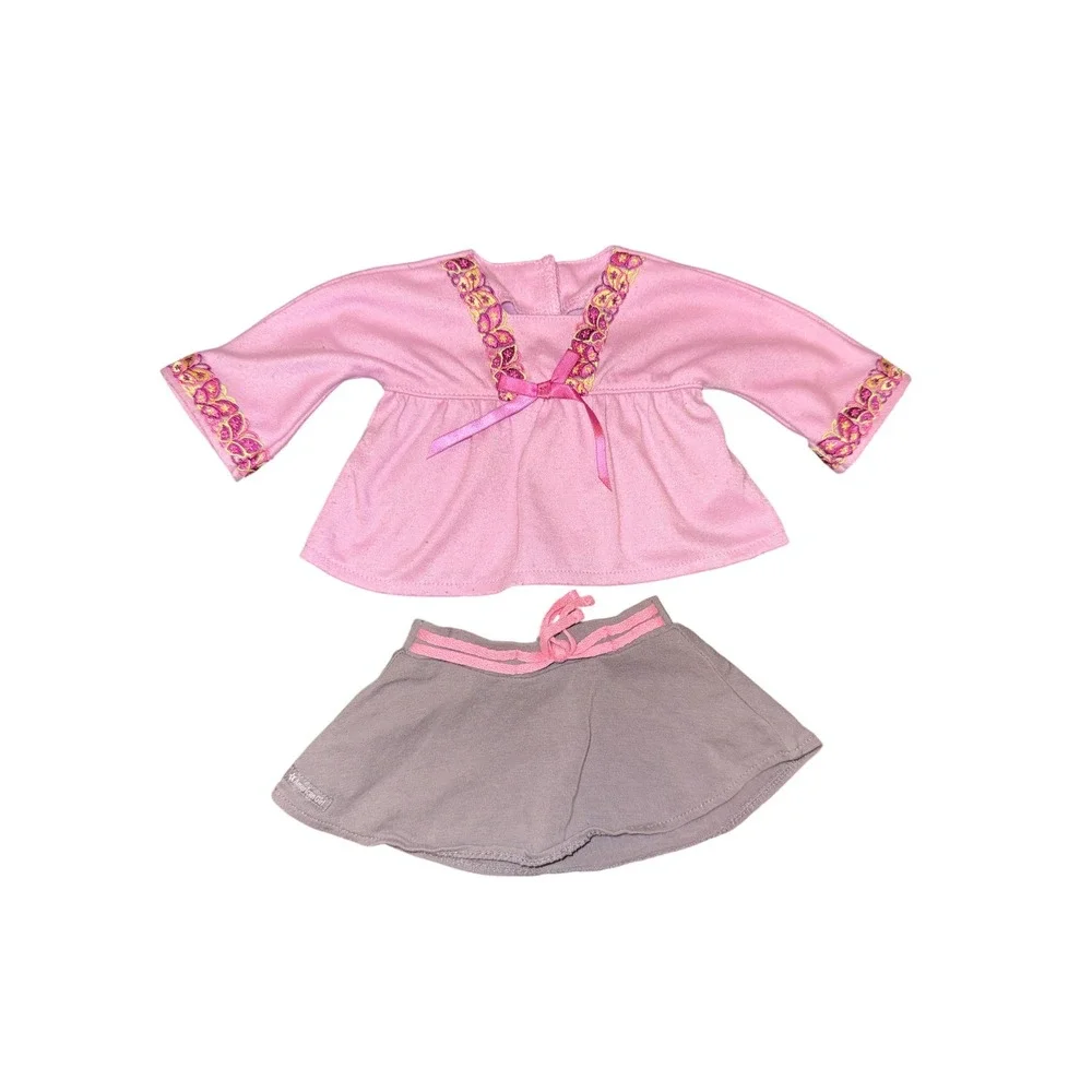 American Girl Doll Outfit 18 Inch Pink Grey Good Embroidered Top Skirt Set
